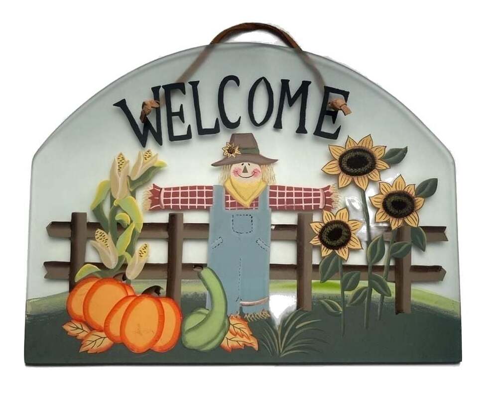 Vintage Fall Scarecrow Welcome Glass Wall Hanging Sign